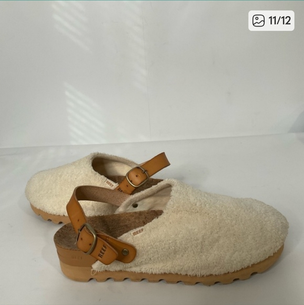 Reef Beach Bum Cream Tan Faux Fur Cork Upper Heel Strap Clogs 8 - Picture 11 of 12